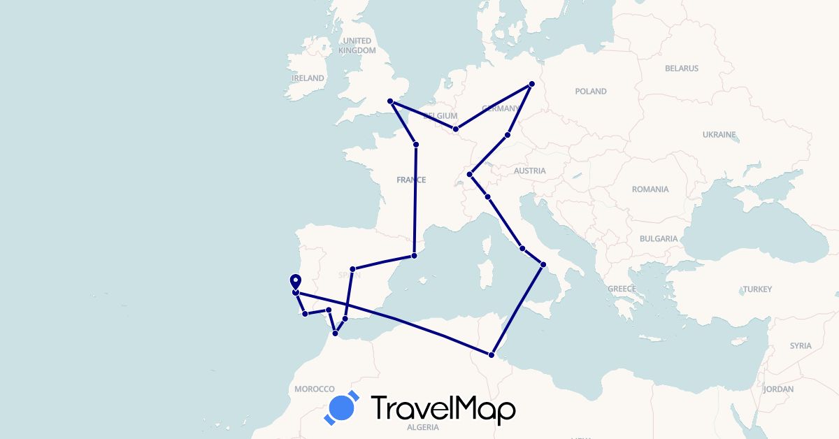 TravelMap itinerary: driving in Switzerland, Germany, Spain, France, United Kingdom, Italy, Luxembourg, Morocco, Portugal, Tunisia (Africa, Europe)